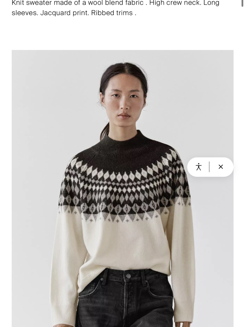 Massimo Dutti Black and Ivory Jacquard Yoke Crewneck Sweater - Picture 2 of 12